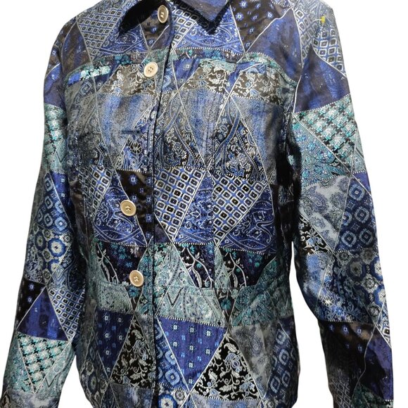 Coldwater Creek M womens vintage patchwork paisley triangle jacket blue silver - Picture 15 of 16